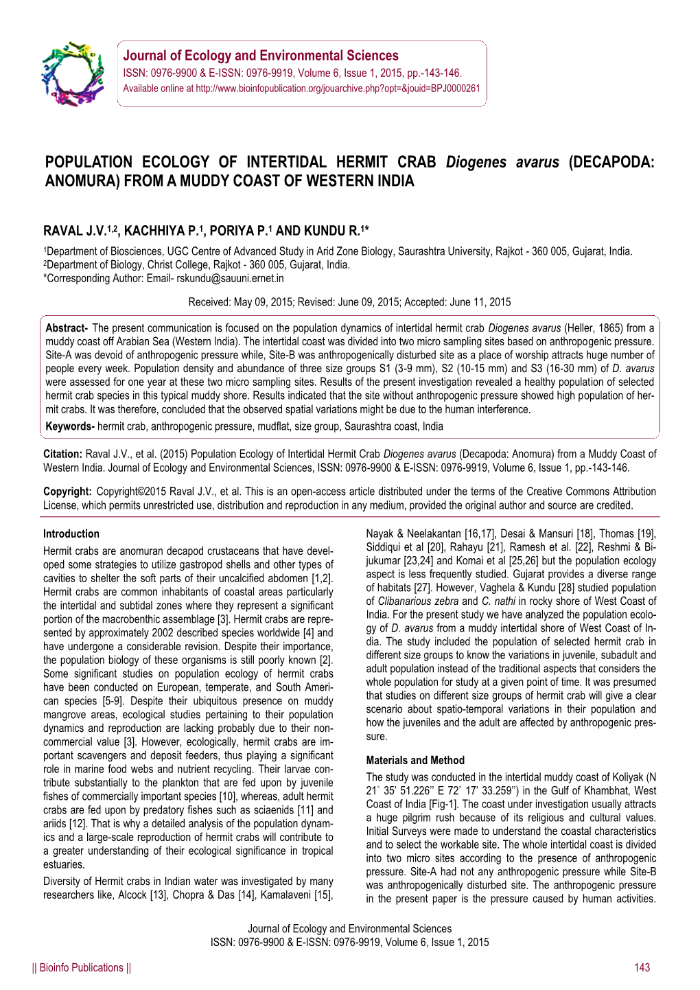 POPULATION ECOLOGY of INTERTIDAL HERMIT CRAB Diogenes Avarus (DECAPODA: ANOMURA) from a MUDDY COAST of WESTERN INDIA