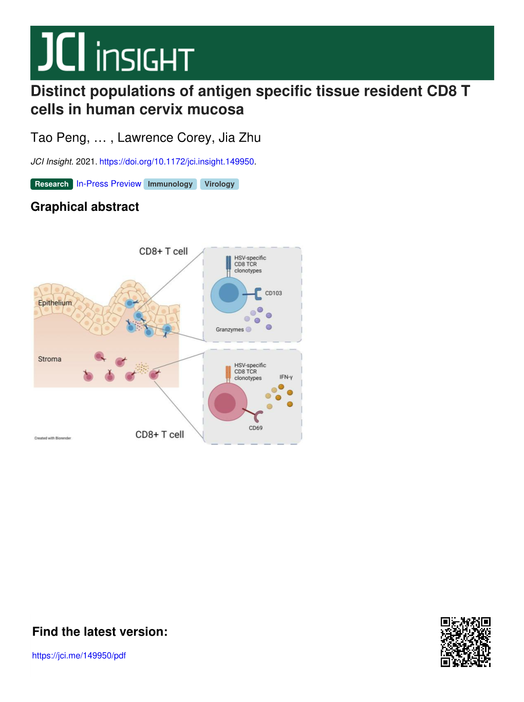 Distinct Populations of Antigen Specific Tissue Resident CD8 T Cells in Human Cervix Mucosa