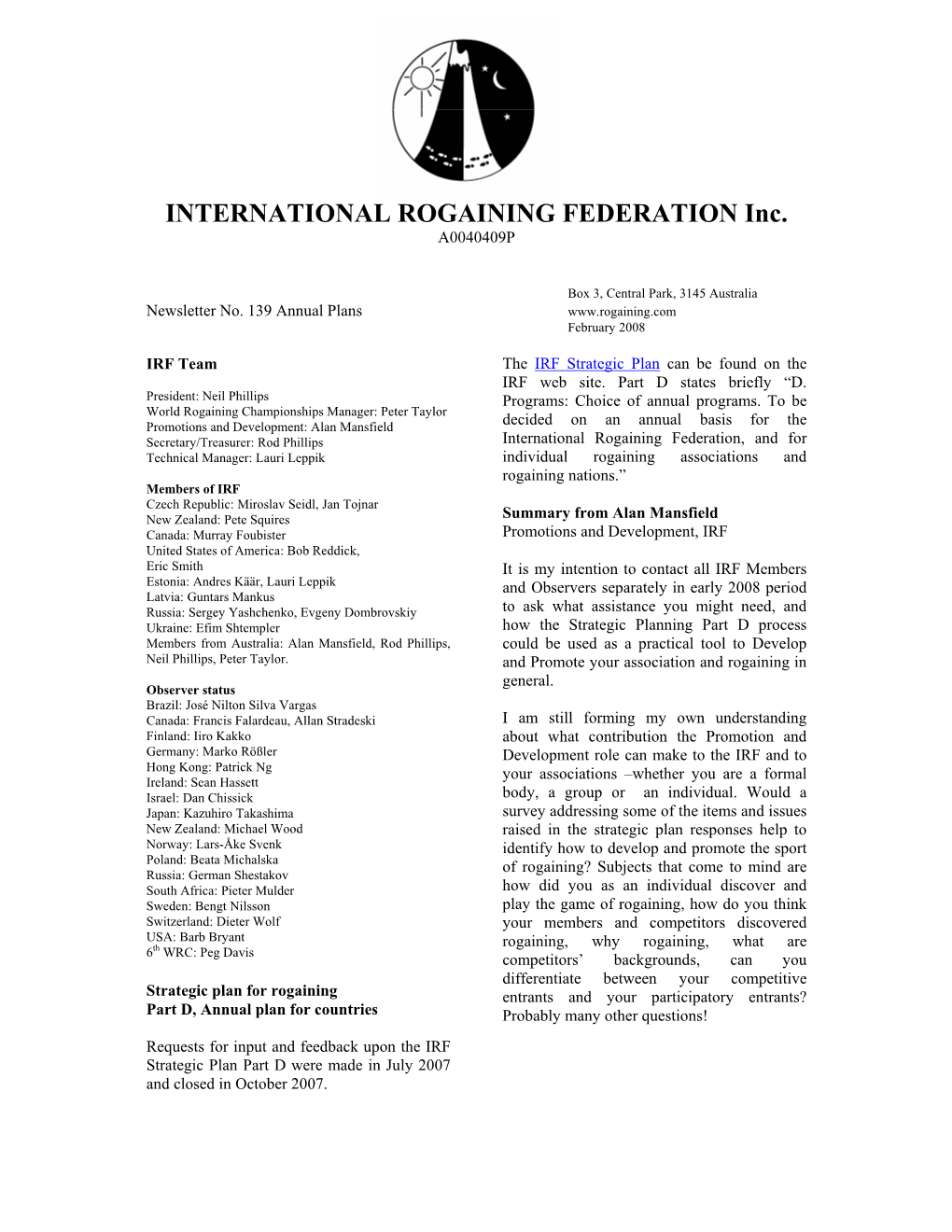 INTERNATIONAL ROGAINING FEDERATION Inc. A0040409P