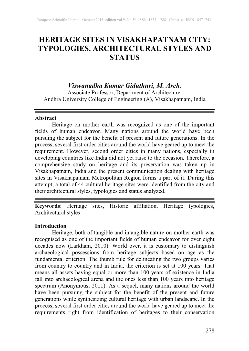 Heritage Sites in Visakhapatnam City: Typologies, Architectural Styles and Status