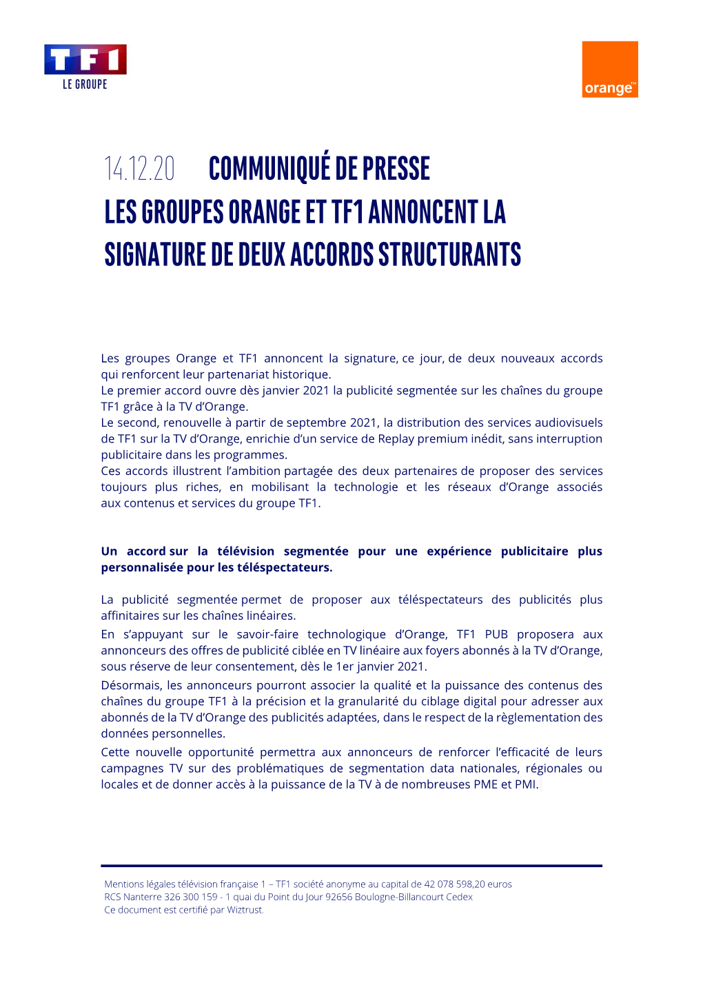 Communiqué De Presse Les Groupes Orange Et Tf1 Annoncent La Signature De Deux Accords Structurants