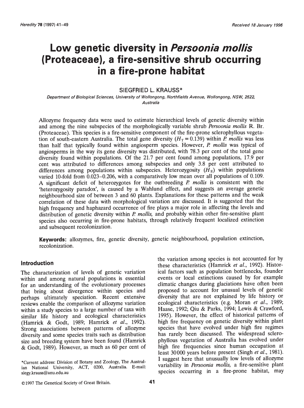 Low Genetic Diversity in Persoonia Moiis in a Fire-Prone Habitat