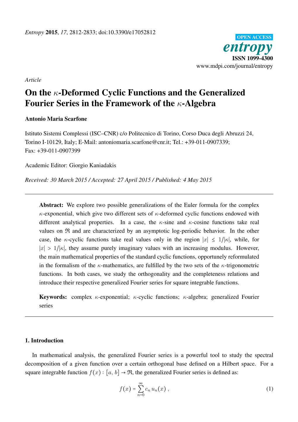 On the -Deformed Cyclic Functions and the Generalized Fourier Series in the Framework of the -Algebra