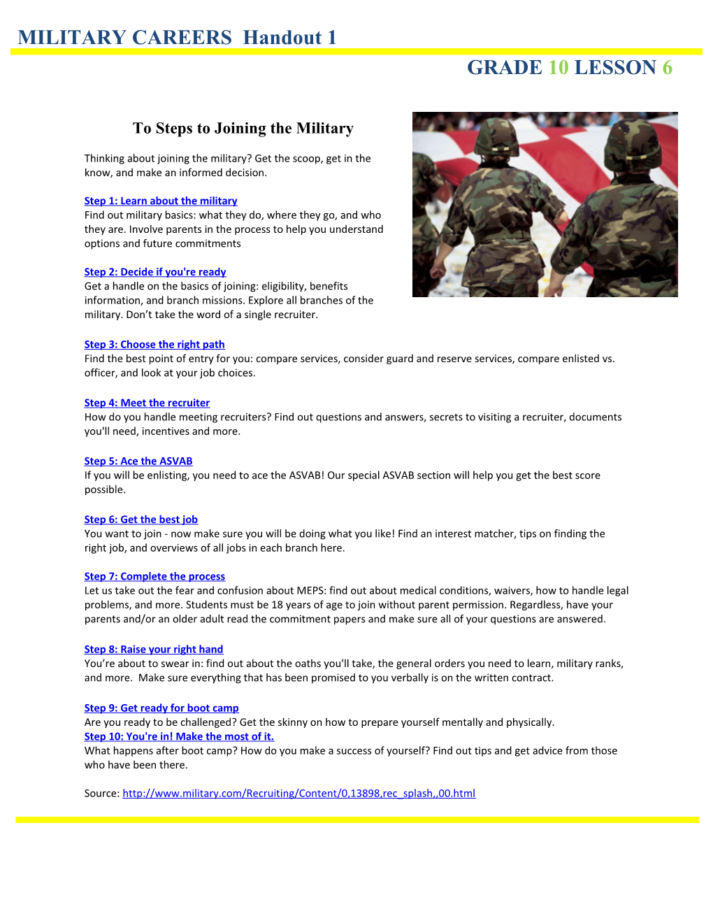 MILITARY CAREERS Handout 1 GRADE 10 LESSON 6 to Steps to Joining the Military