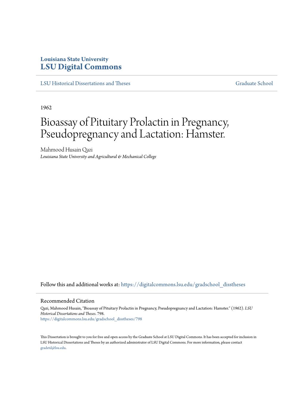 Bioassay of Pituitary Prolactin in Pregnancy, Pseudopregnancy and Lactation: Hamster