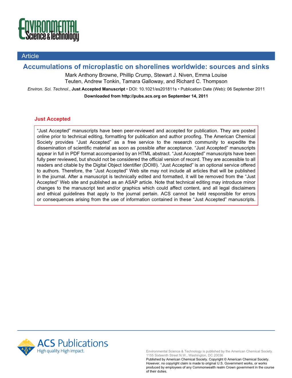 Accumulations of Microplastic on Shorelines Worldwide: Sources and Sinks Mark Anthony Browne, Phillip Crump, Stewart J