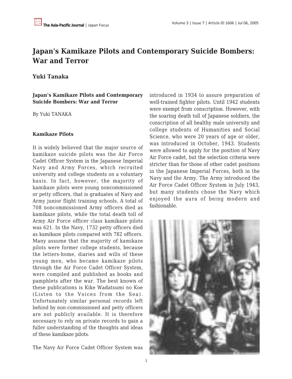 Japan's Kamikaze Pilots and Contemporary Suicide Bombers: War and Terror