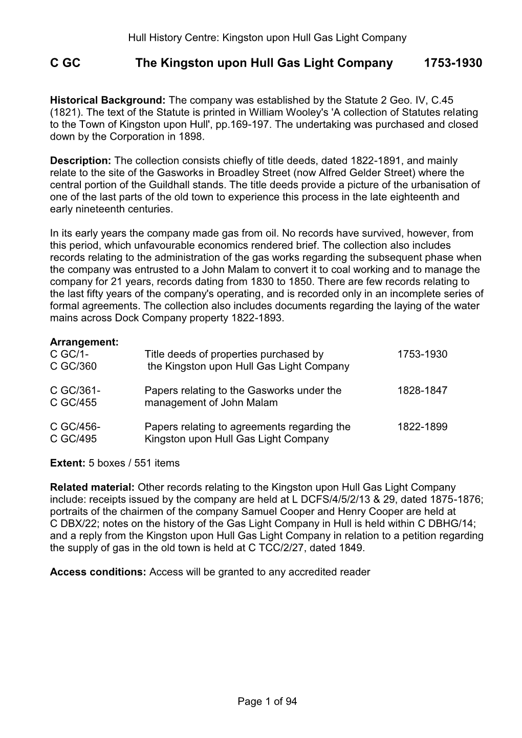 C GC the Kingston Upon Hull Gas Light Company 1753-1930