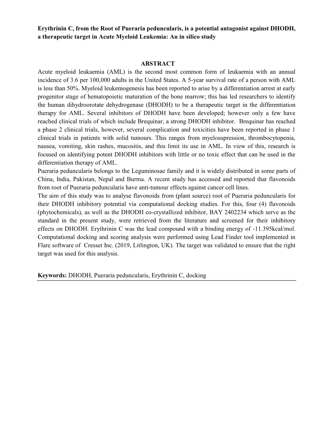 Erythrinin C, from the Root of Pueraria Peduncularis, Is a Potential Antagonist Against DHODH, a Therapeutic Target in Acute Myeloid Leukemia: an in Silico Study