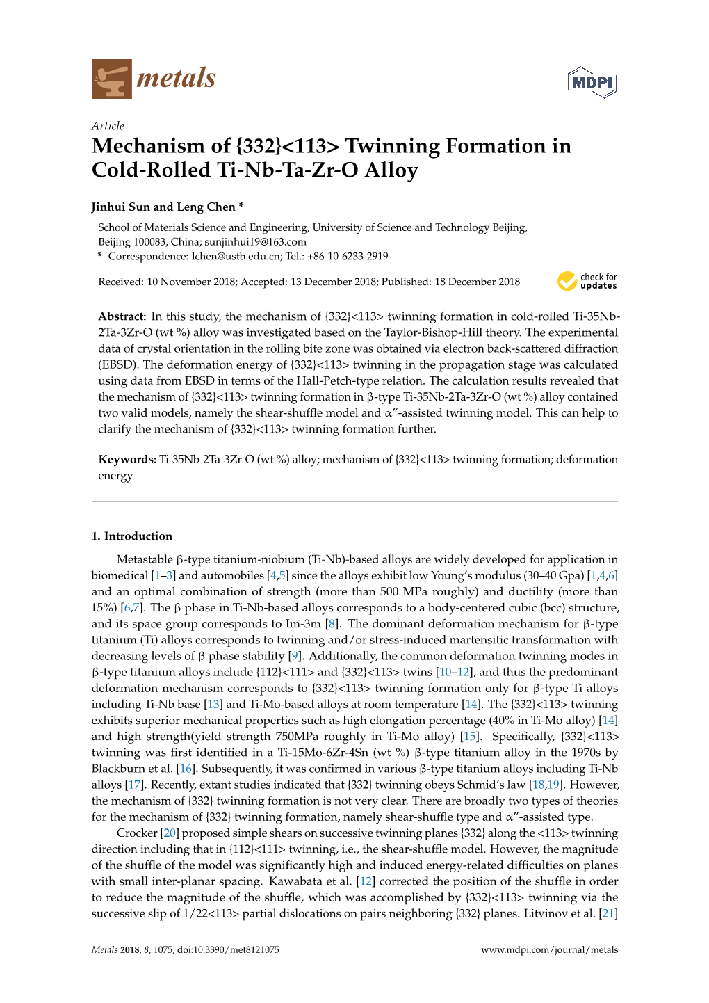 Mechanism of {332}&lt;113&gt; Twinning Formation in Cold-Rolled Ti-Nb-Ta-Zr-O Alloy