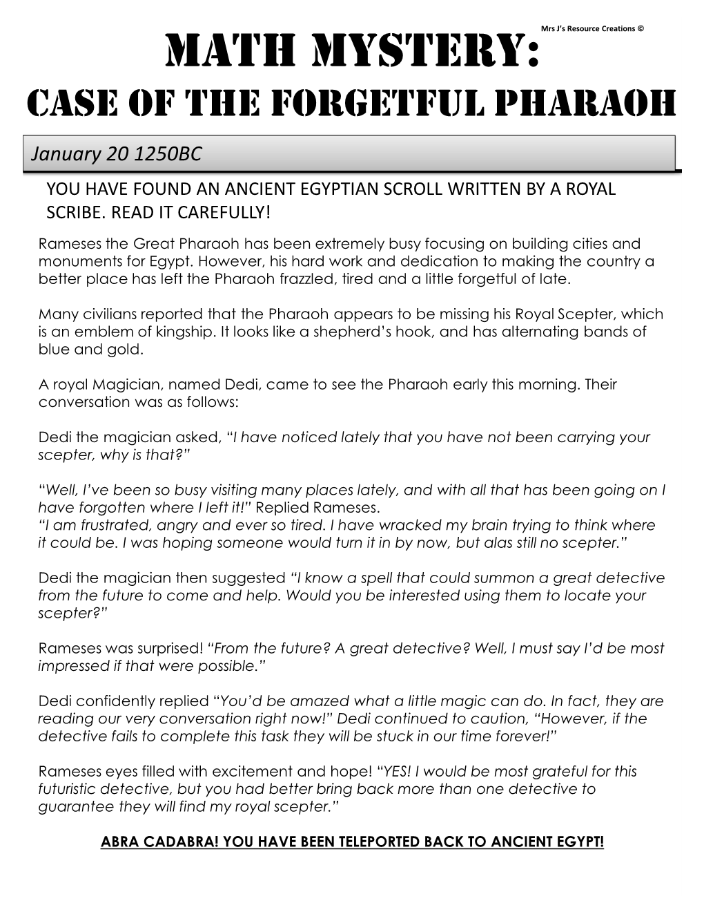 Fractions Math Mystery GRADE 2 Case of the Forgetful Pharaoh