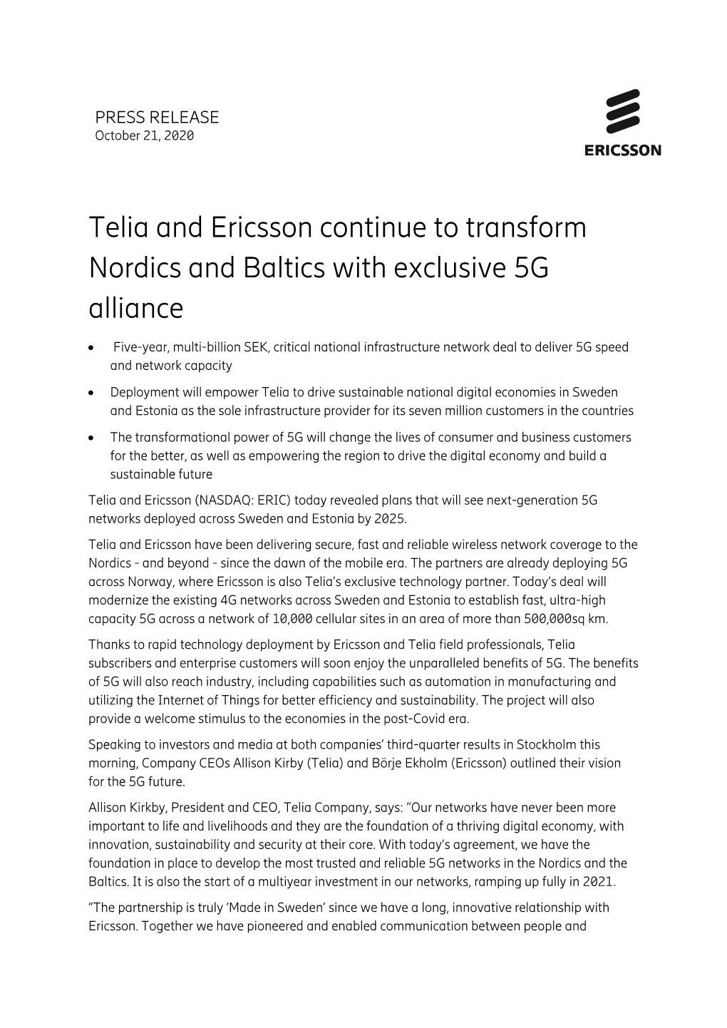 Telia and Ericsson Continue to Transform Nordics and Baltics with Exclusive 5G Alliance