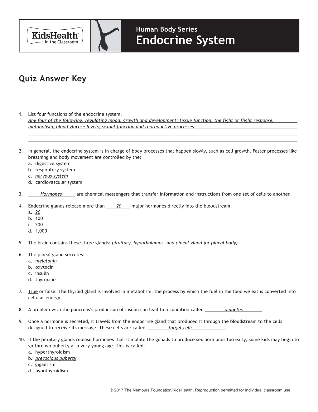 Answer Key: Endocrine System (Grades 6 to 8)