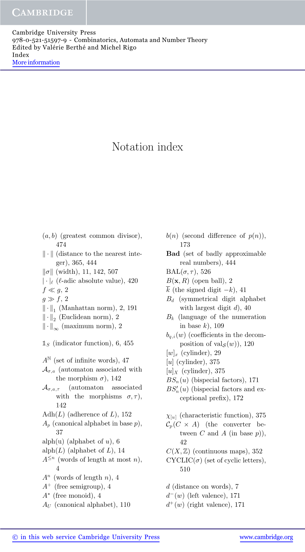 Combinatorics, Automata and Number Theory Edited by Valérie Berthé and Michel Rigo Index More Information