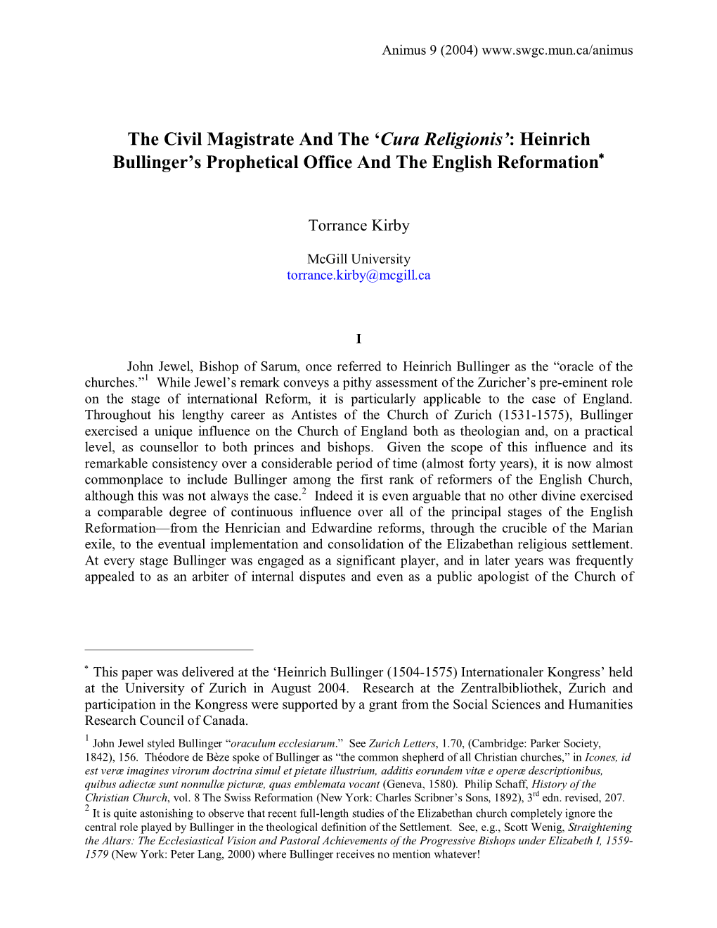 The Civil Magistrate and the 'Cura Religionis': Heinrich