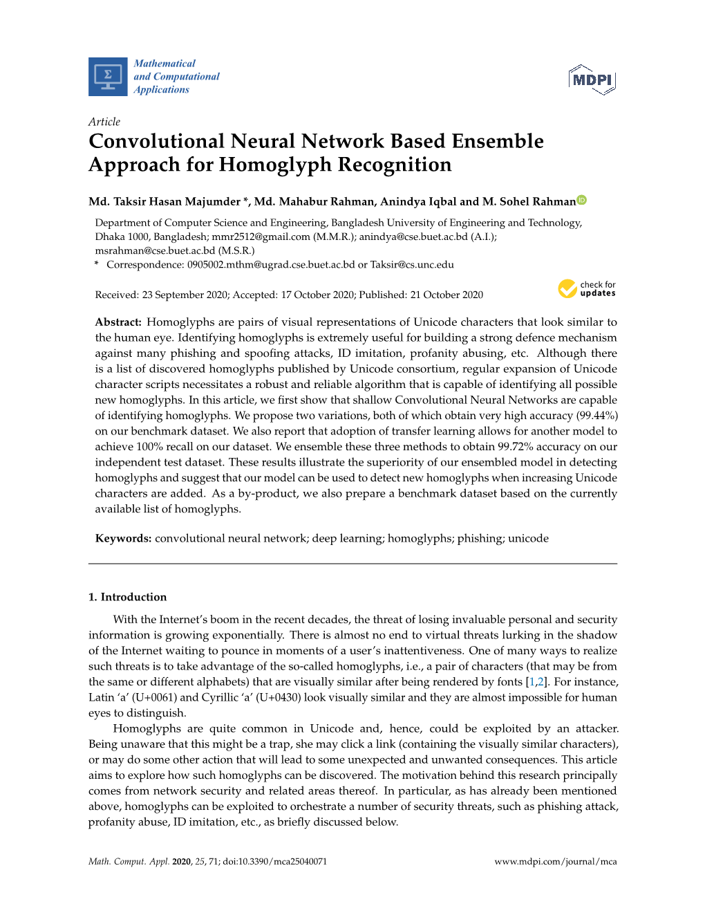 Convolutional Neural Network Based Ensemble Approach for Homoglyph Recognition