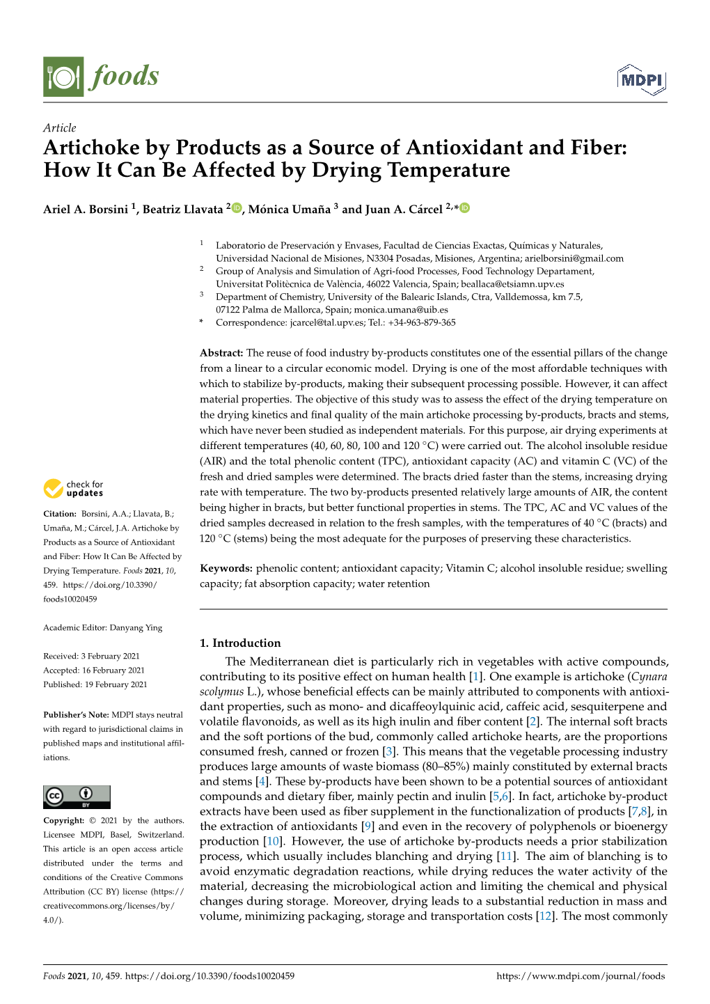 Artichoke by Products As a Source of Antioxidant and Fiber: How It Can Be Affected by Drying Temperature