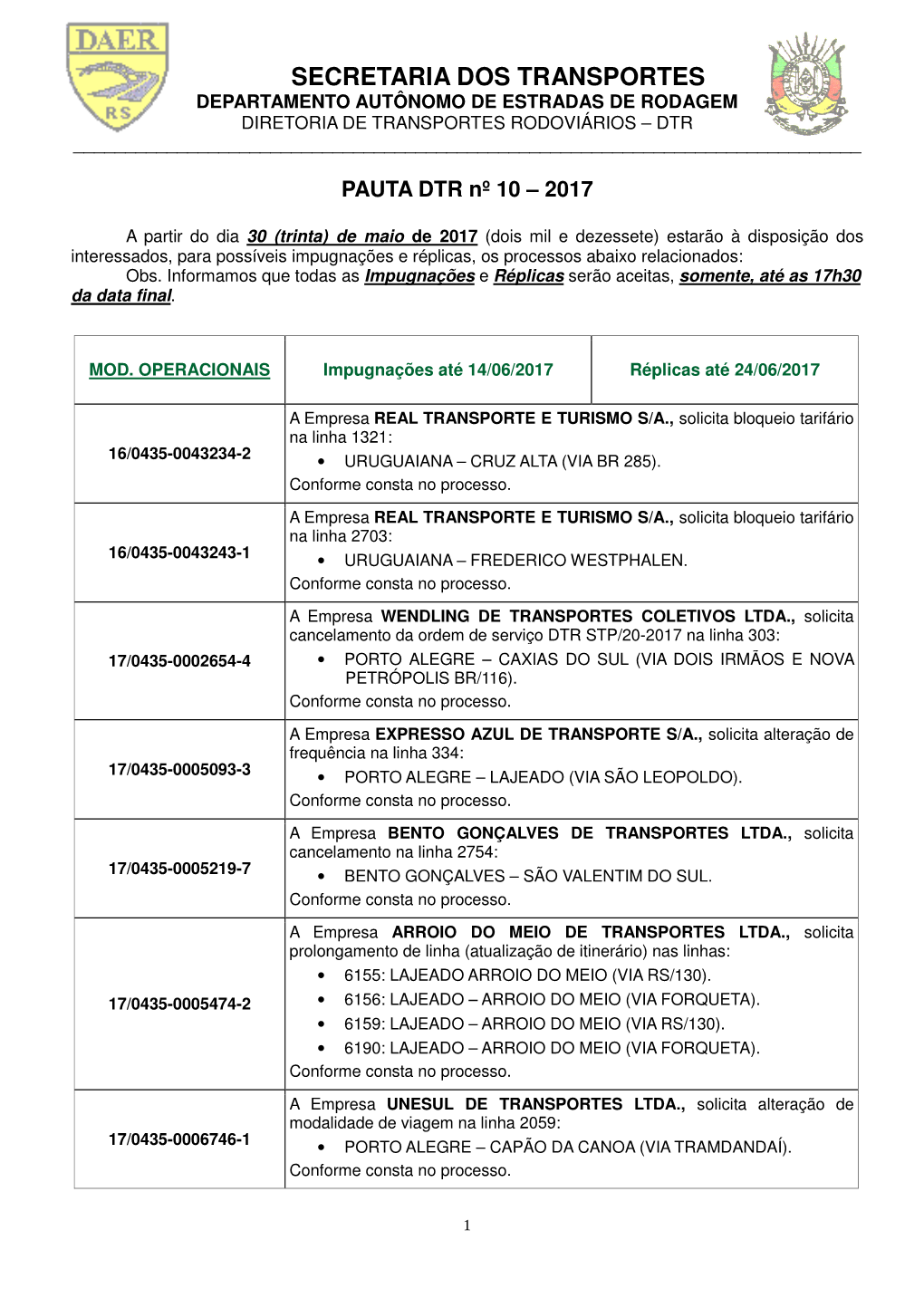 Secretaria Dos Transportes Departamento Autônomo De Estradas De Rodagem Diretoria De Transportes Rodoviários – Dtr ______