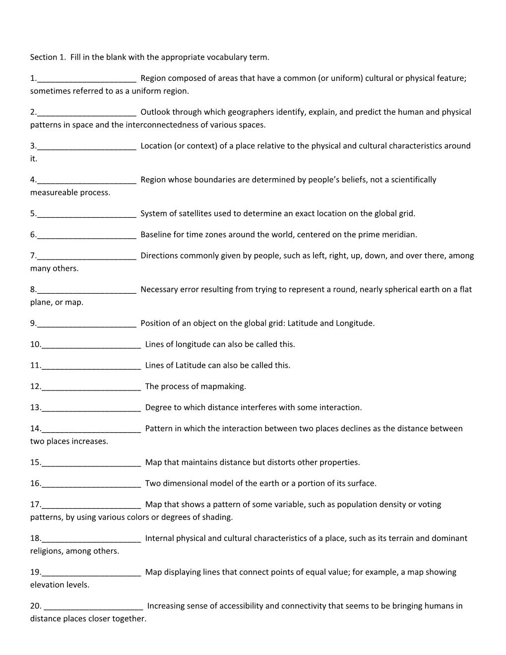 Section 1. Fill in the Blank with the Appropriate Vocabulary Term