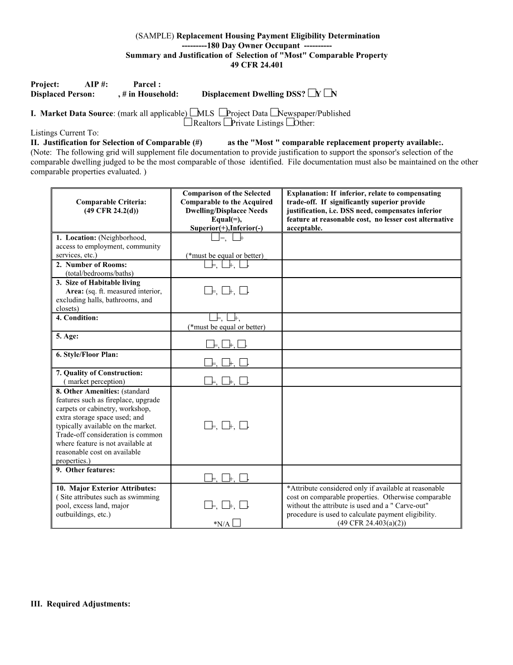 (SAMPLE) Replacement Housing Payment Eligibility Determination