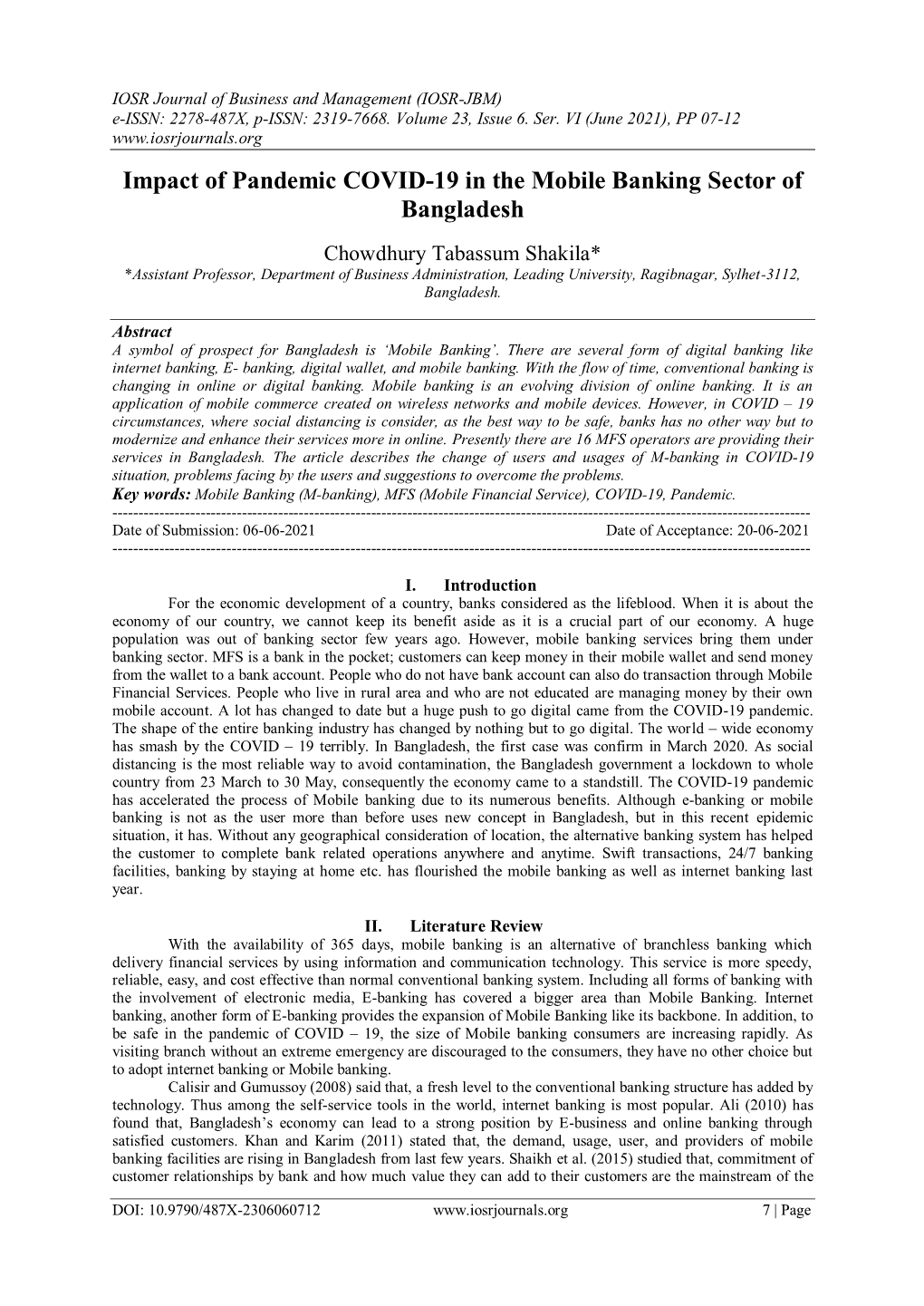 Impact of Pandemic COVID-19 in the Mobile Banking Sector of Bangladesh