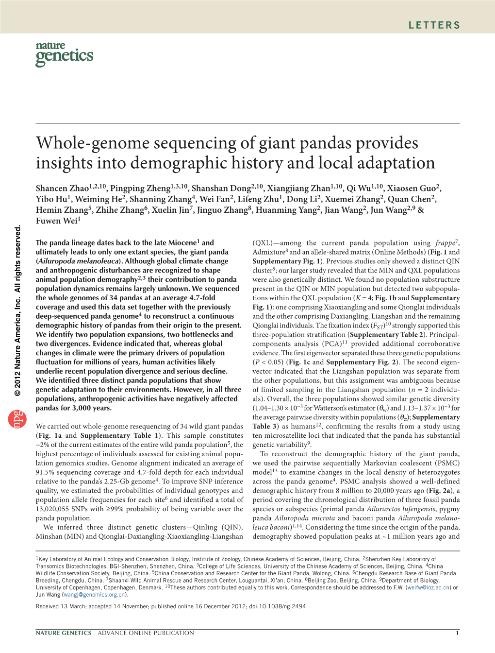 Whole-Genome Sequencing of Giant Pandas Provides Insights Into Demographic History and Local Adaptation