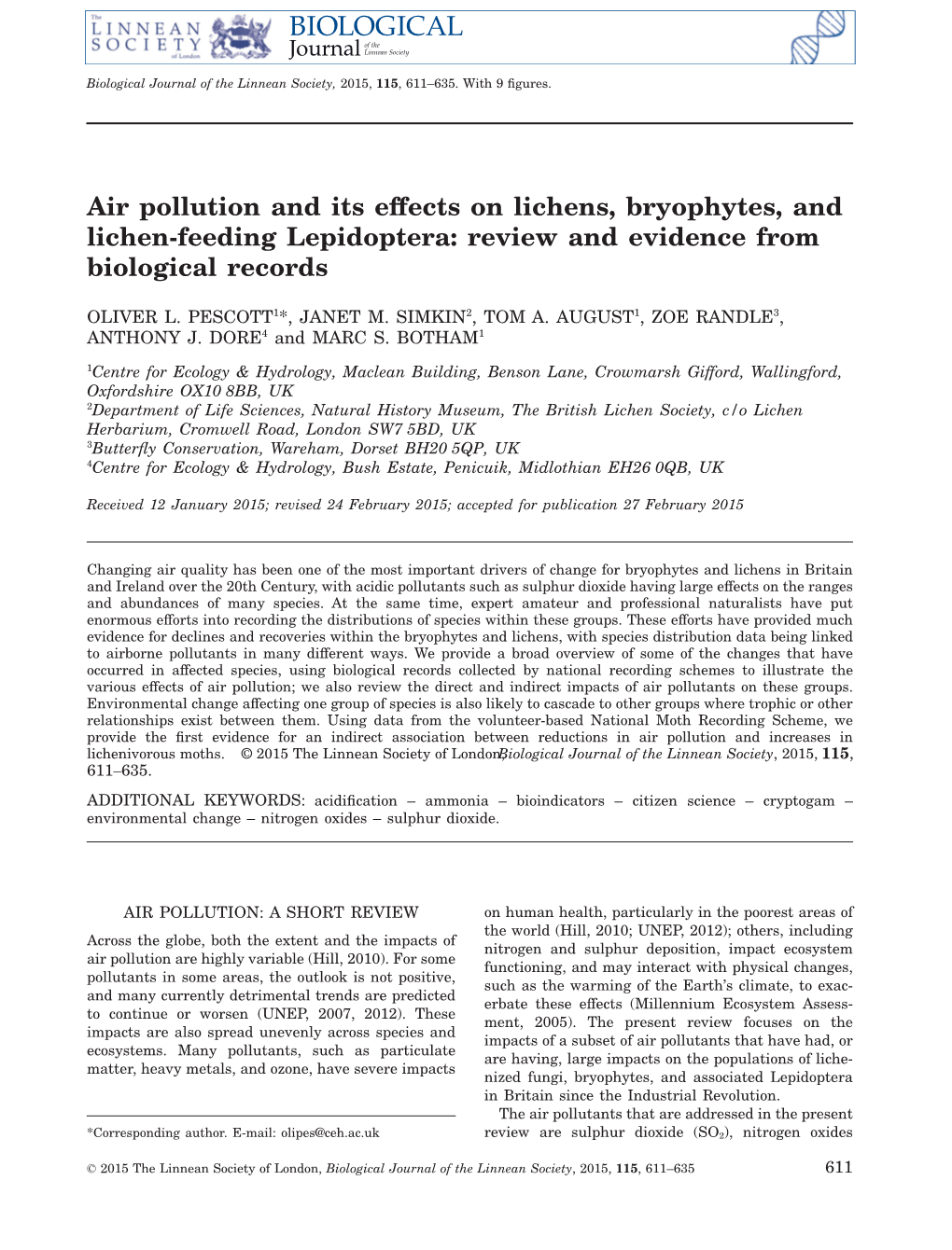 Air Pollution and Its Effects on Lichens, Bryophytes, and Lichen‐