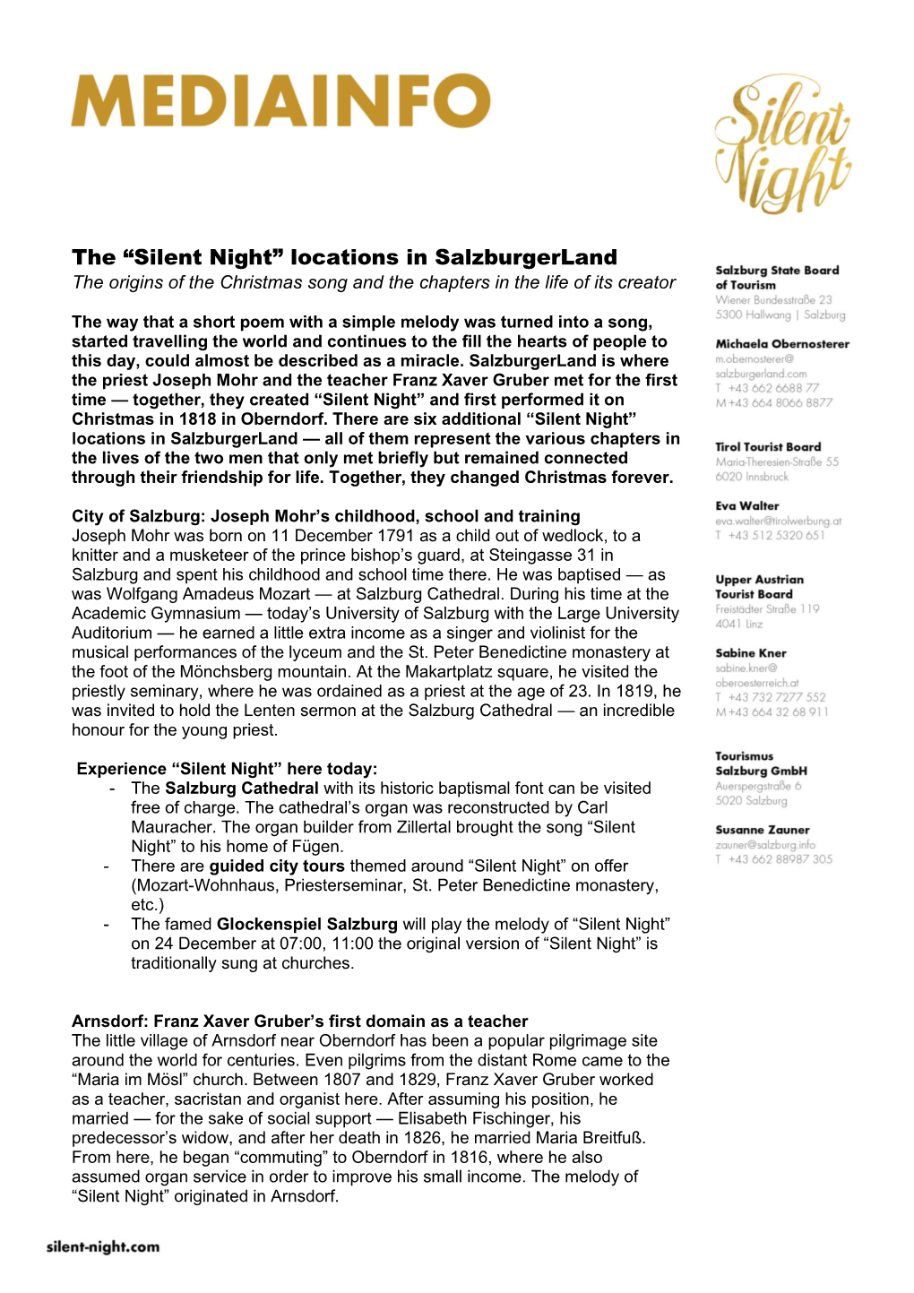 The “Silent Night” Locations in Salzburgerland the Origins of the Christmas Song and the Chapters in the Life of Its Creator