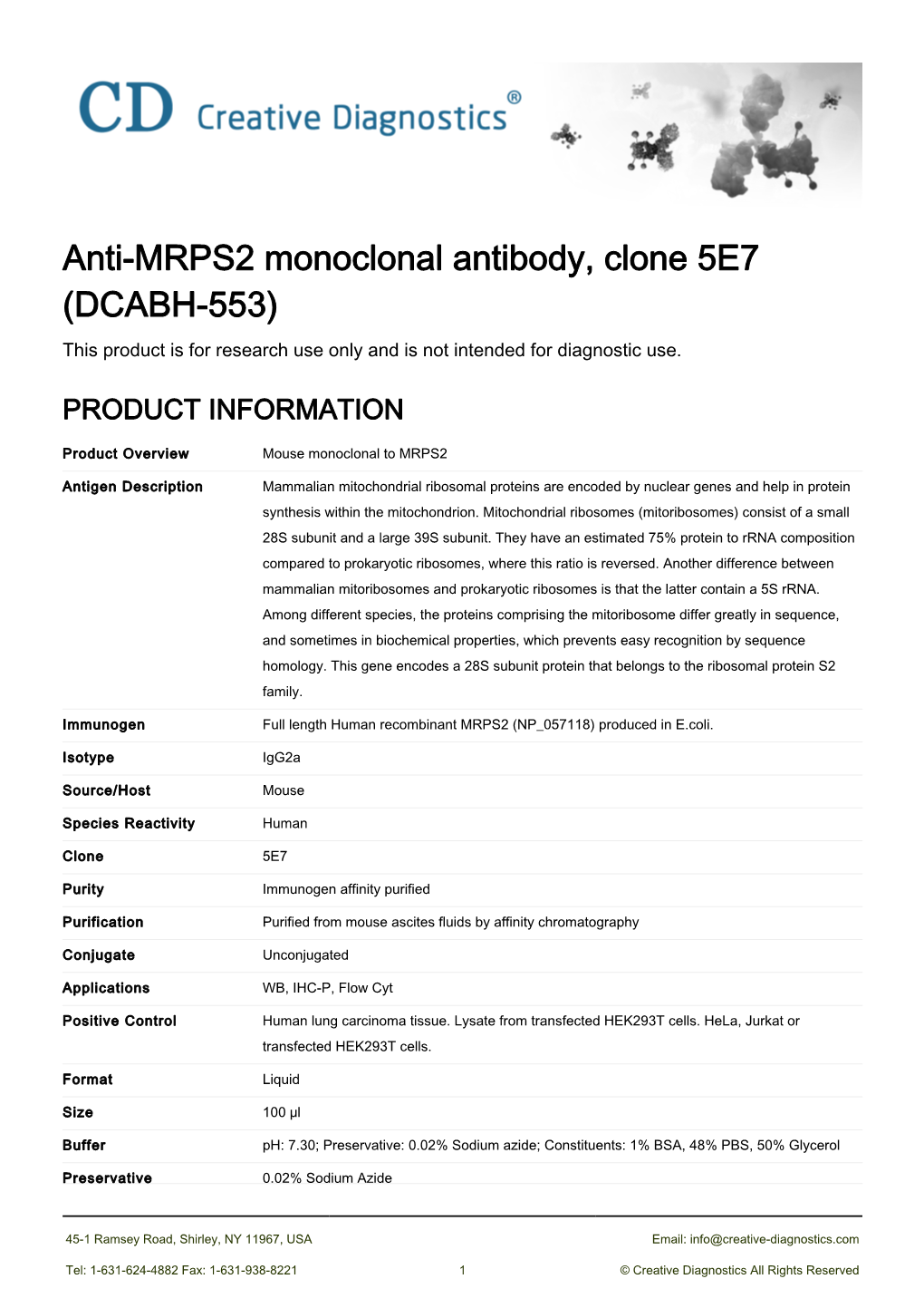 Anti-MRPS2 Monoclonal Antibody, Clone 5E7 (DCABH-553) This Product Is for Research Use Only and Is Not Intended for Diagnostic Use