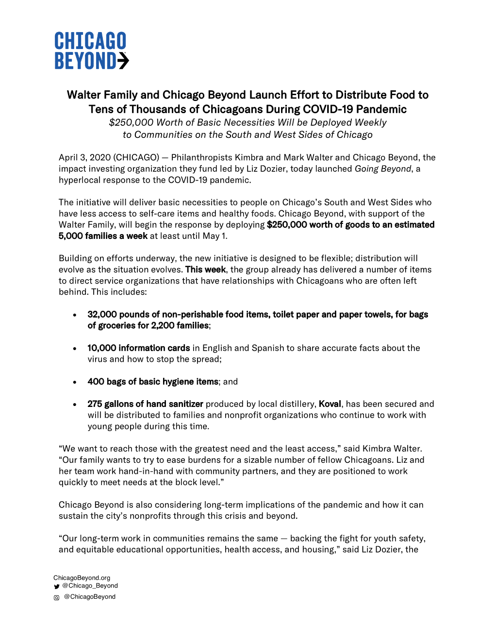 Walter Family and Chicago Beyond Launch Effort to Distribute Food To