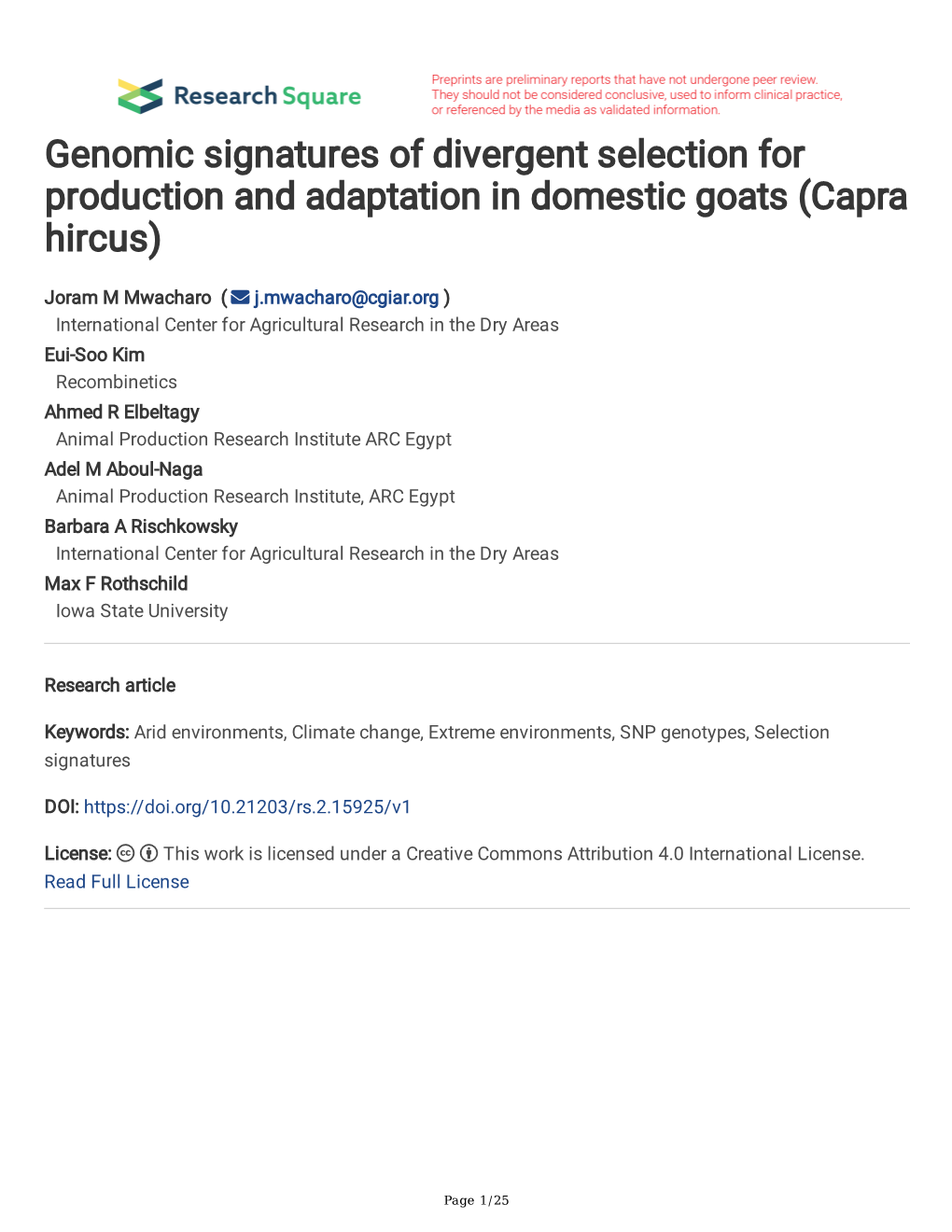 Genomic Signatures of Divergent Selection for Production and Adaptation in Domestic Goats (Capra Hircus)