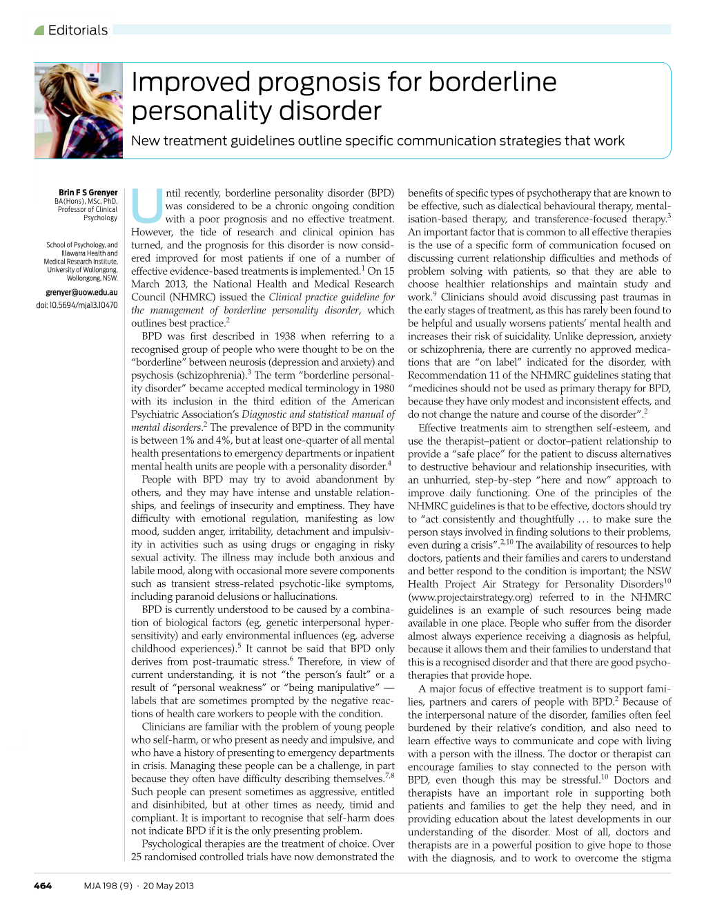 Improved Prognosis for Borderline Personality Disorder New Treatment Guidelines Outline Specific Communication Strategies That Work