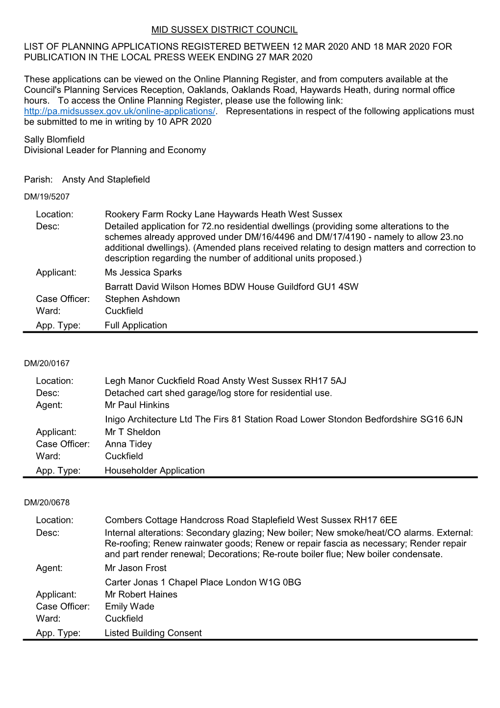Mid Sussex District Council List of Planning Applications Registered Between 12 Mar 2020 and 18 Mar 2020 for Publication in the Local Press Week Ending 27 Mar 2020