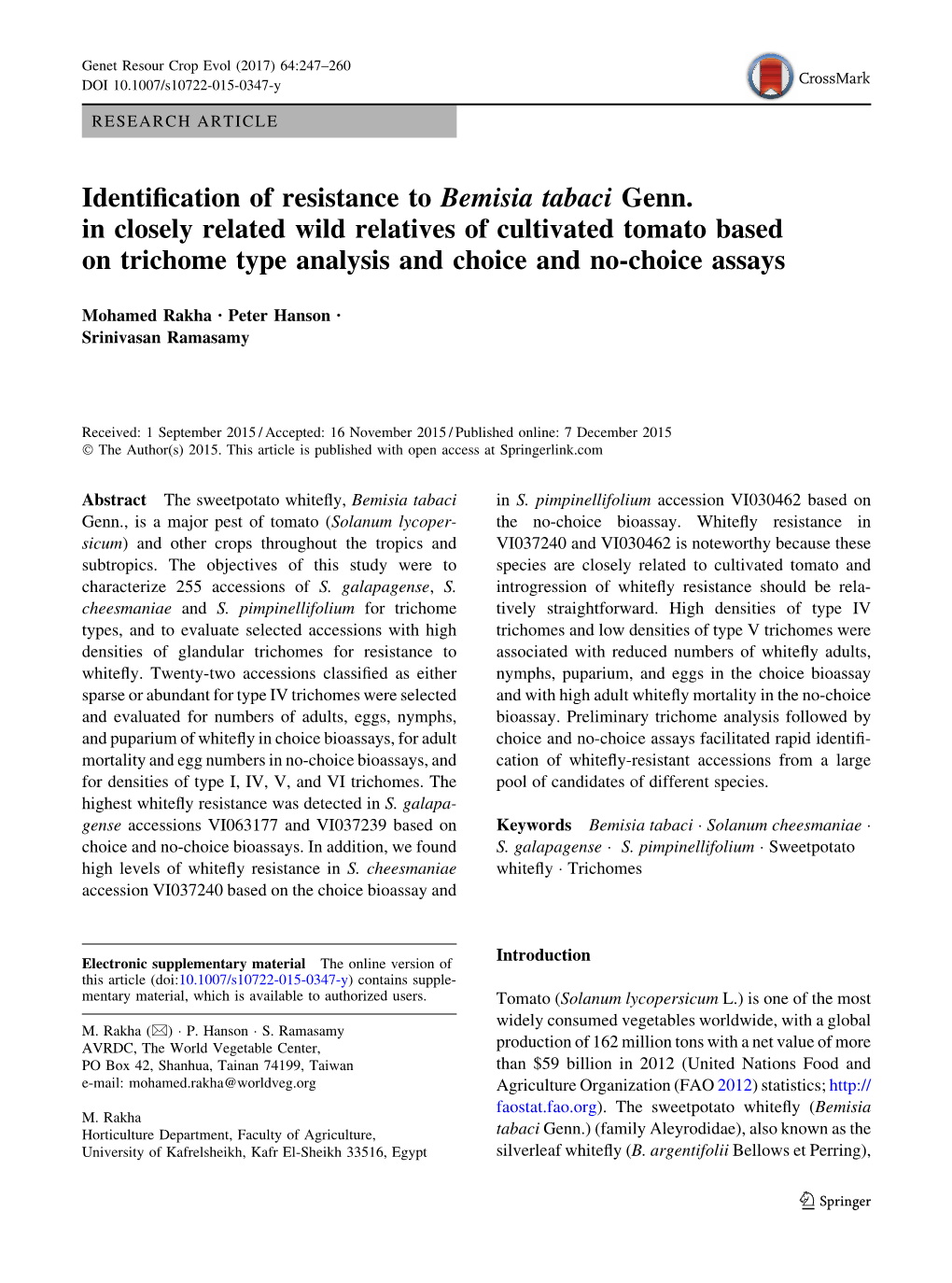 Identification of Resistance to Bemisia Tabaci Genn. in Closely Related Wild