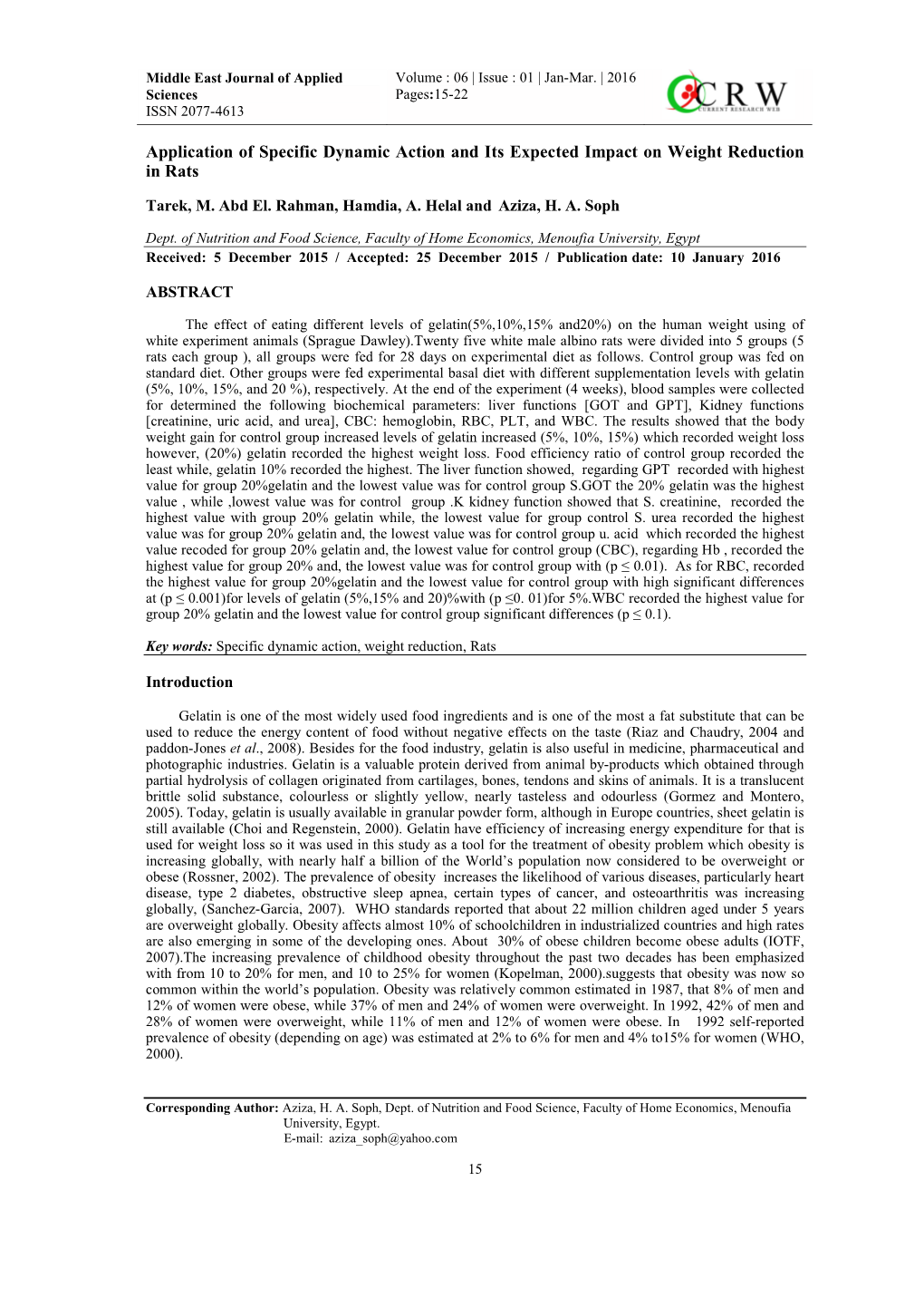 Application of Specific Dynamic Action and Its Expected Impact on Weight Reduction in Rats