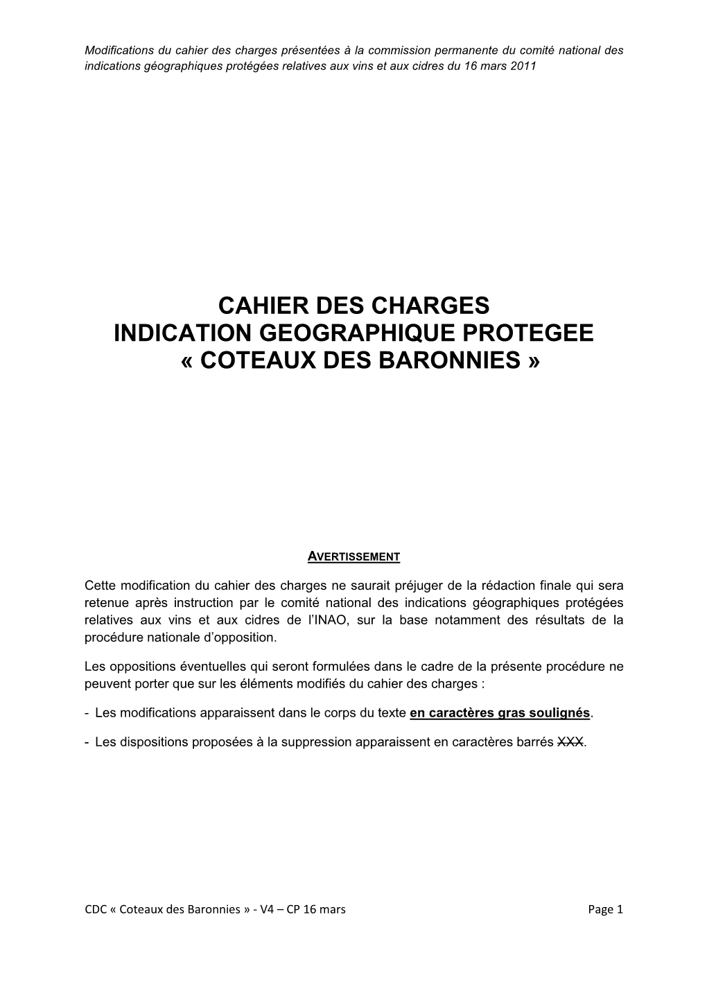 Cahier Des Charges Indication Geographique Protegee « Coteaux Des Baronnies »