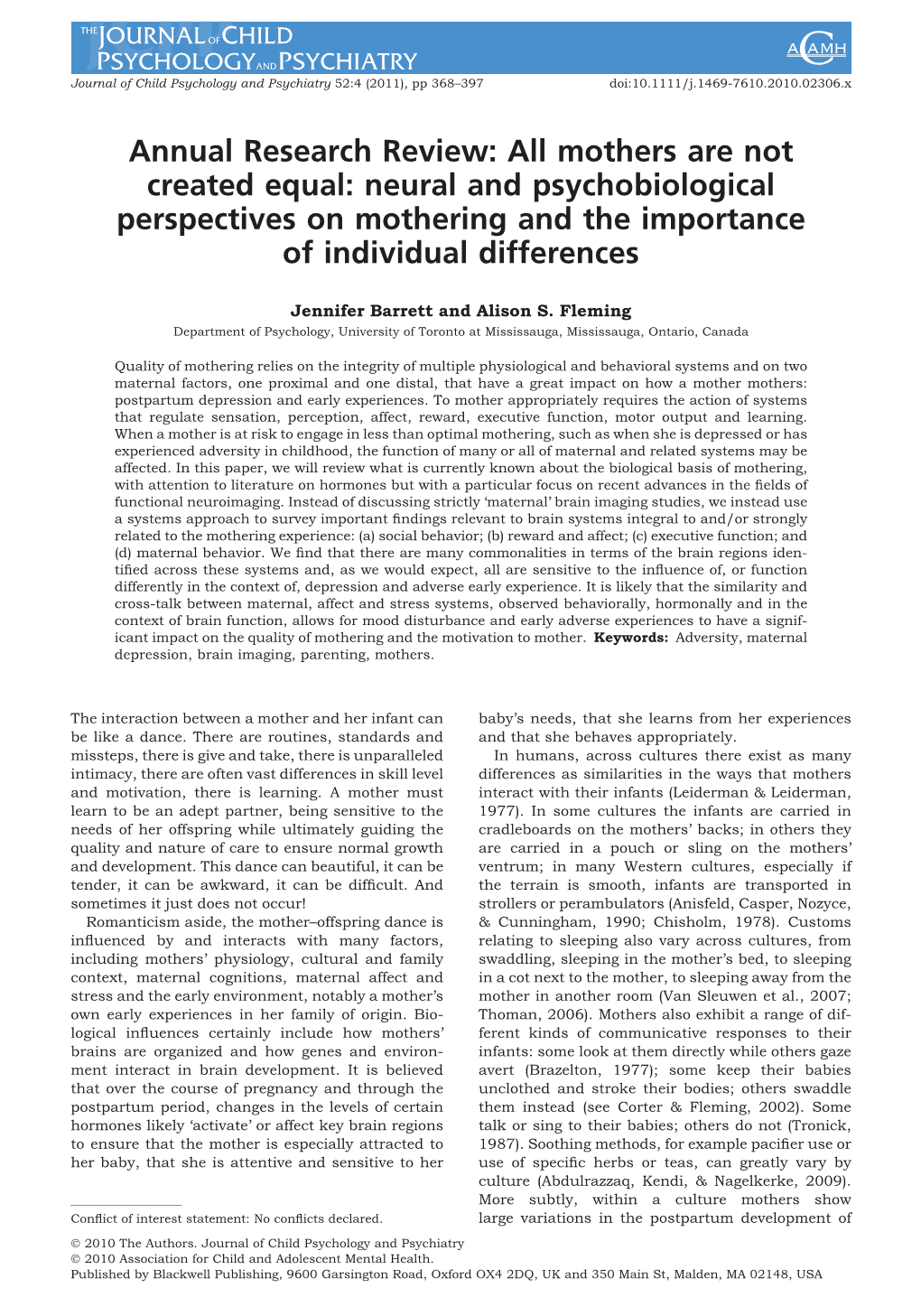 Mothers Are Not Created Equal: Neural and Psychobiological Perspectives on Mothering and the Importance of Individual Differences