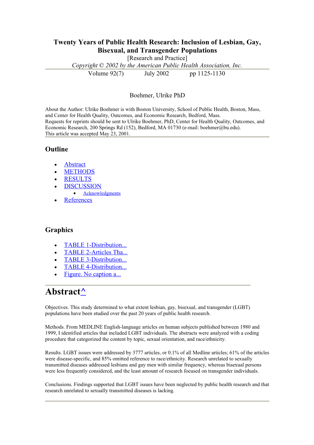 Twenty Years of Public Health Research: Inclusion of Lesbian, Gay, Bisexual, and Transgender