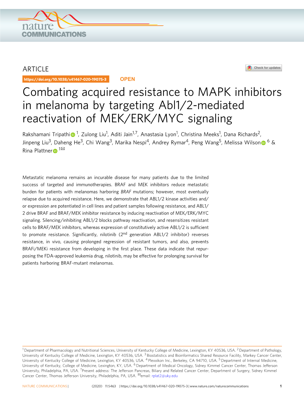 Combating Acquired Resistance to MAPK Inhibitors in Melanoma by Targeting Abl1/2-Mediated Reactivation of MEK/ERK/MYC Signaling