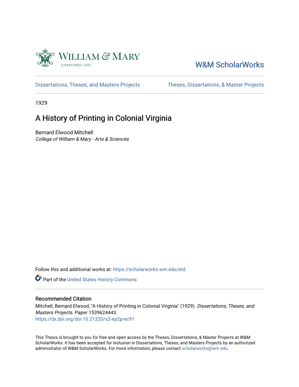 A History of Printing in Colonial Virginia