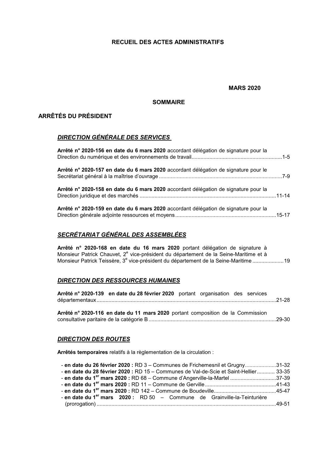 Recueil Des Actes Administratifs Mars 2020 Sommaire Arrêtés Du