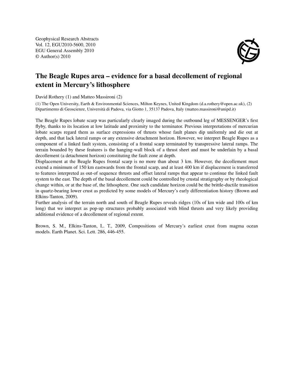 The Beagle Rupes Area – Evidence for a Basal Decollement of Regional Extent in Mercury’S Lithosphere