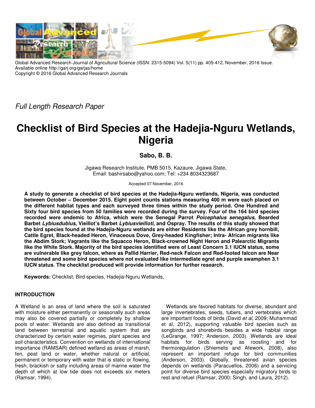 Checklist of Bird Species at the Hadejia-Nguru Wetlands, Nigeria