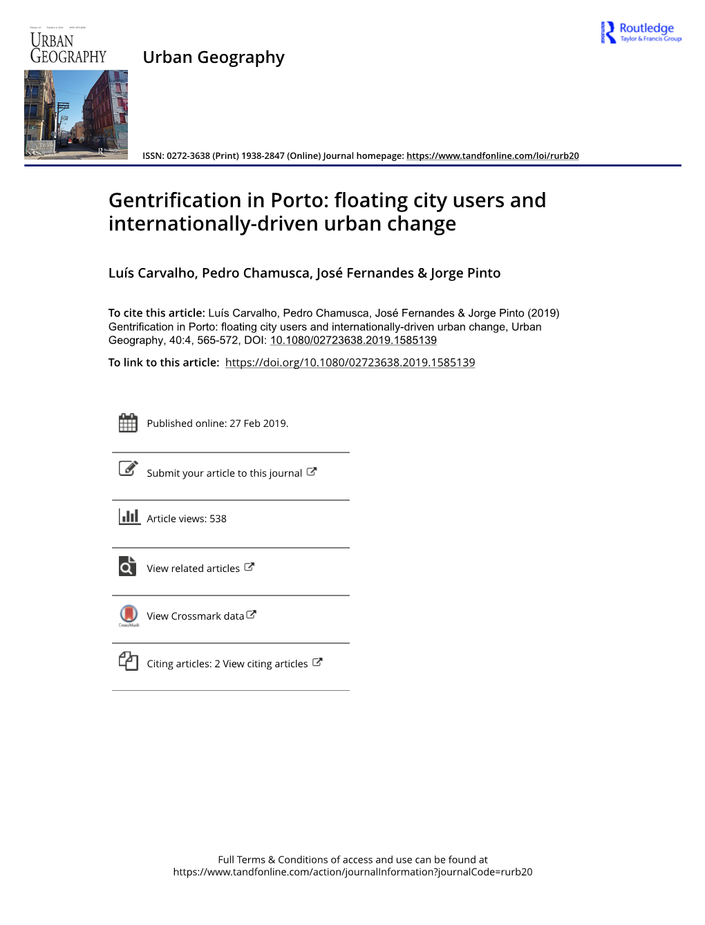 Gentrification in Porto: Floating City Users and Internationally-Driven Urban Change