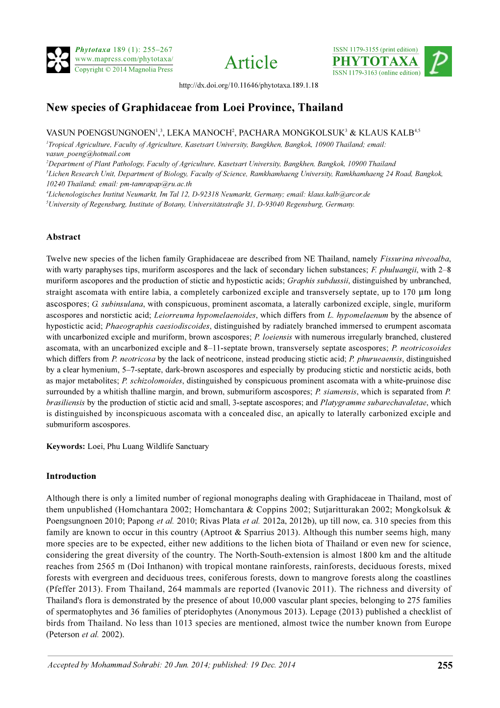 New Species of Graphidaceae from Loei Province, Thailand