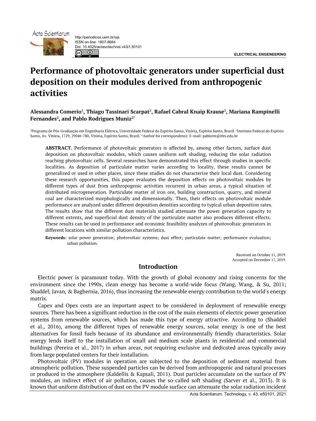 Performance of Photovoltaic Generators Under Superficial Dust Deposition on Their Modules Derived from Anthropogenic Activities