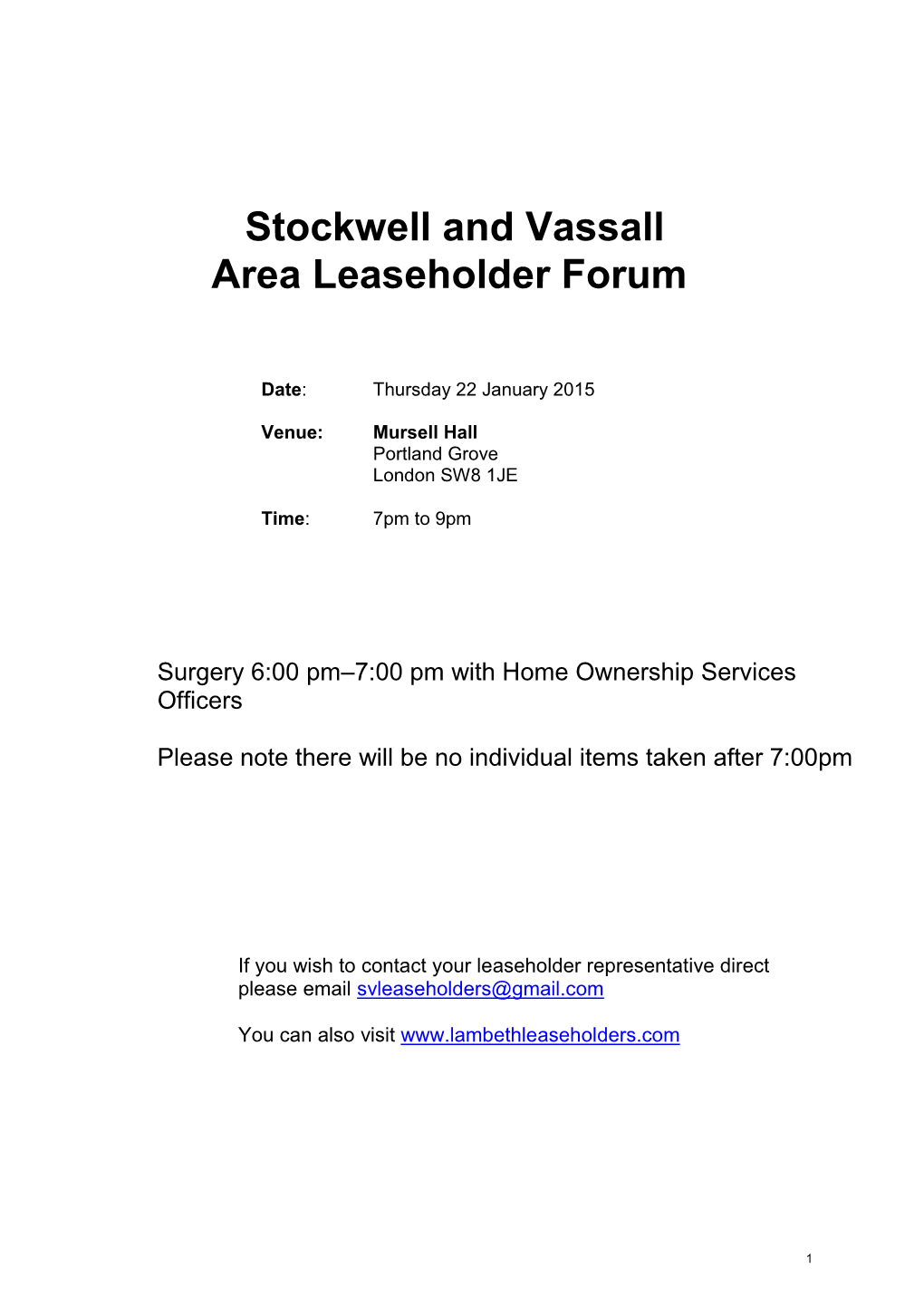 Stockwell and Vassall Area Leaseholder Forum
