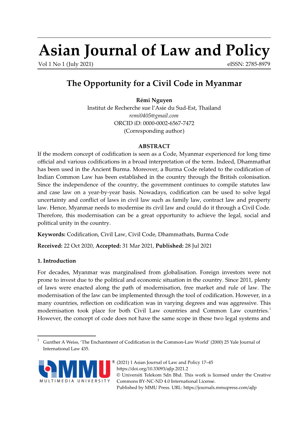 The Opportunity for a Civil Code in Myanmar