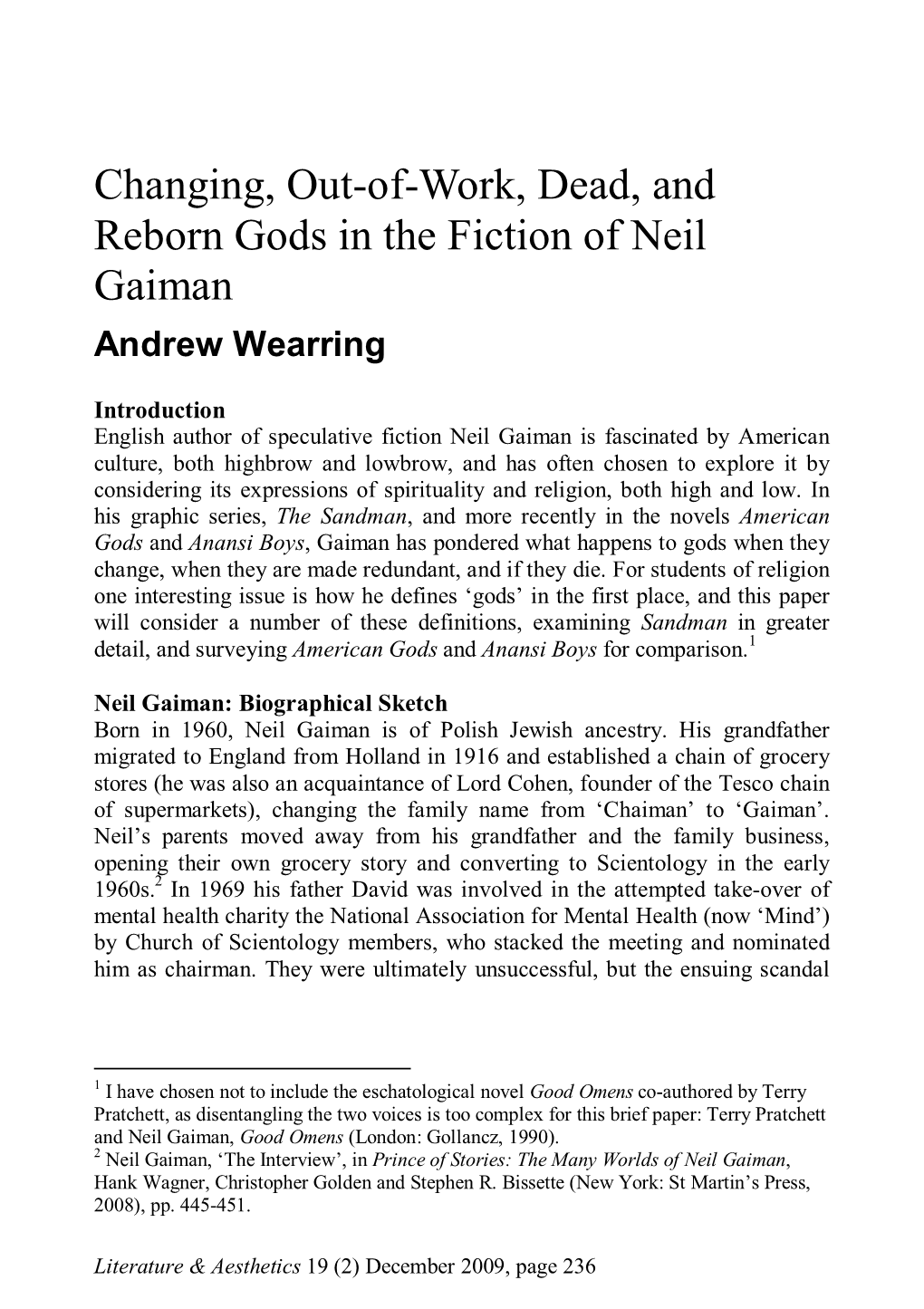 Changing, Out-Of-Work, Dead, and Reborn Gods in the Fiction of Neil Gaiman Andrew Wearring