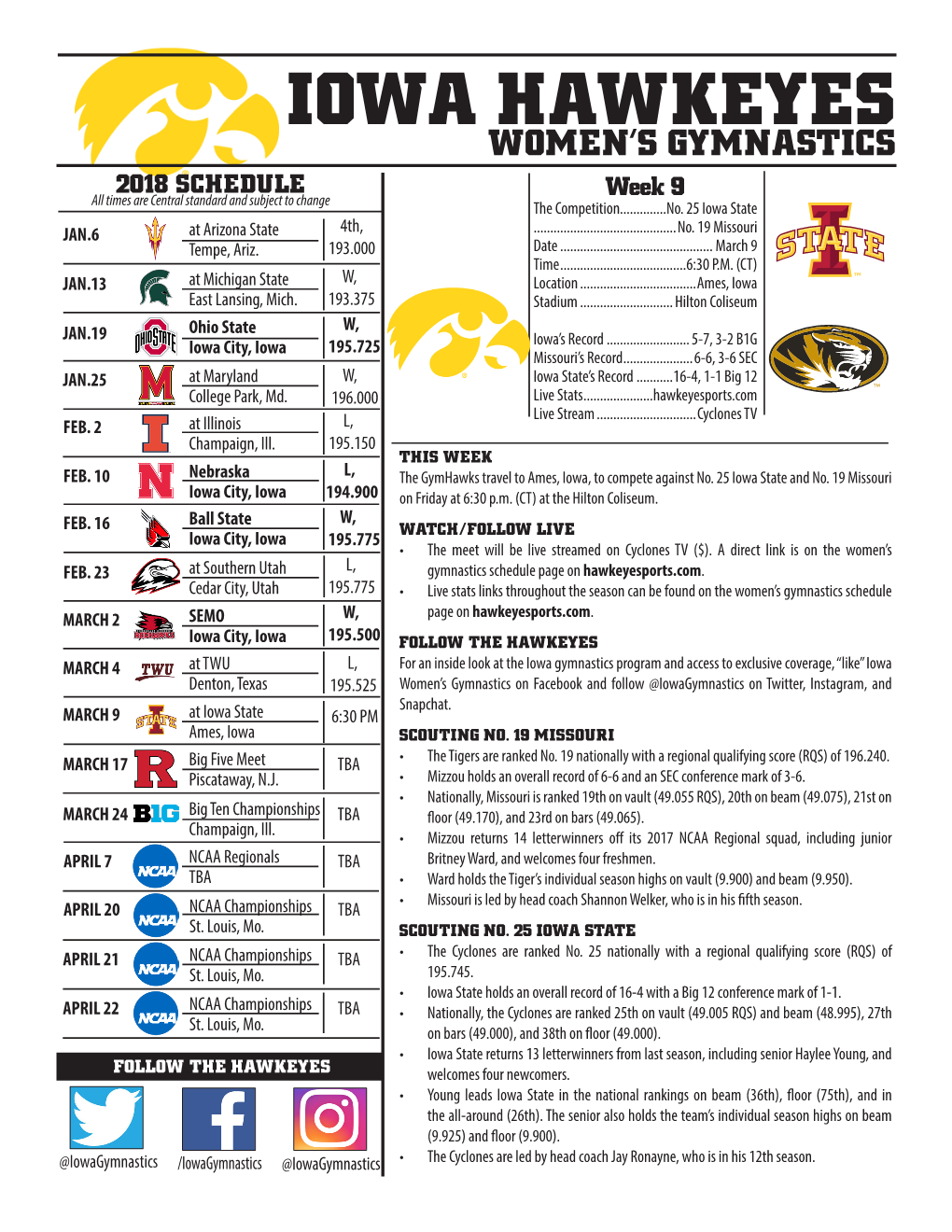 IOWA HAWKEYES WOMEN’S GYMNASTICS 2018 SCHEDULE Week 9 All Times Are Central Standard and Subject to Change the Competition